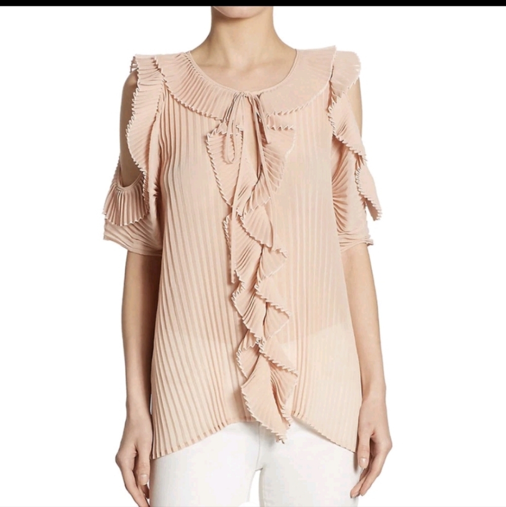 Delfi Collective Monica Pleated Ruffled Cold-Shoulder Top